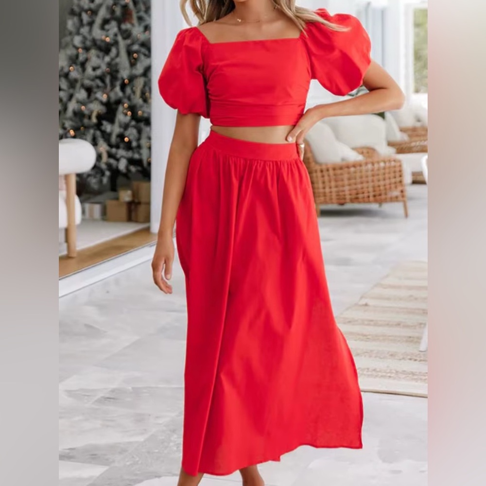 Red Women's Midi Skirt + Crop Top❣️